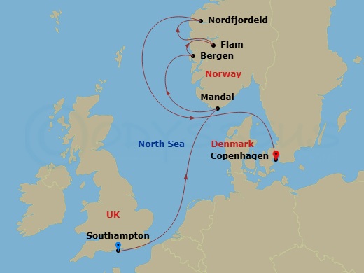 EXPLORA IV - 7 Night - A Journey of Beguiling Landscapes & Endless Enchantment - EXPLORA IV - Starting in Southampton, Mandal, Bergen, Flam, Norway, Nordfjordeid, Copenhagen itinerary map