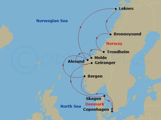EXPLORA IV - 12 Night - A Journey of Nordic Sensory Wonders & Wild Mountain Ranges - EXPLORA IV - Starting in Copenhagen, Skagen, Geiranger, Norway, Molde, Trondheim, Bron.. itinerary map