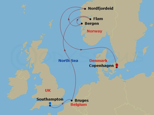 EXPLORA IV - 7 Night - A Journey Through Scenic Fjords & Enriching Discovery - EXPLORA IV - Starting in Southampton, Bruges (Zeebrugge), Flam, Norway, Bergen, Nordfjordeid.. itinerary map