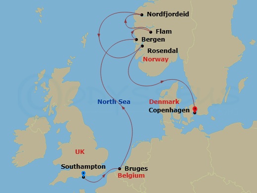 EXPLORA IV - 8 Night - A Journey of Lace Streets, Glacial Fjords & Wild Coastline - EXPLORA IV - Starting in Southampton, Bruges (Zeebrugge), Bergen, Flam, Norway, Nordfjo.. itinerary map