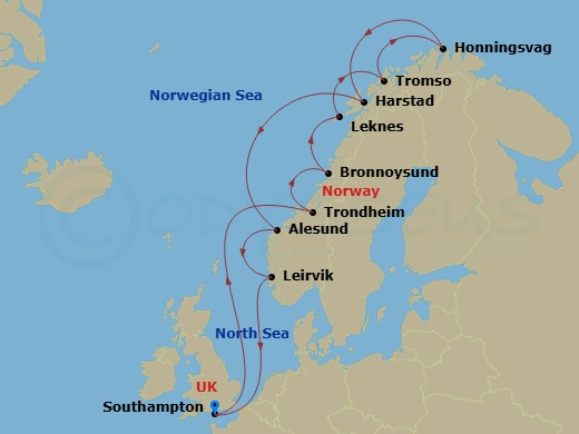 EXPLORA IV - 13 Night - A Journey of Breathtaking Arctic Wilderness & Mystical Norwegian Scenery - EXPLORA IV - Starting in Southampton, Trondheim, Bronnoysund, Leknes (Lo.. itinerary map