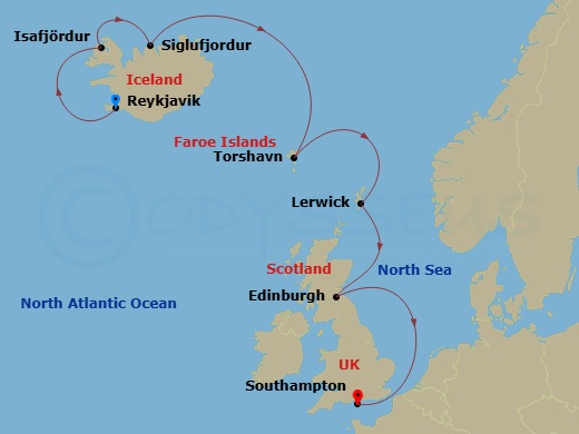 EXPLORA IV - 8 Night - A Journey Through Serene Shores & Natural Marvels - EXPLORA IV - Starting in Reykjavik, Isafjordur, Siglufjordur, Torshavn, Lerwick (Shetland Island.. itinerary map