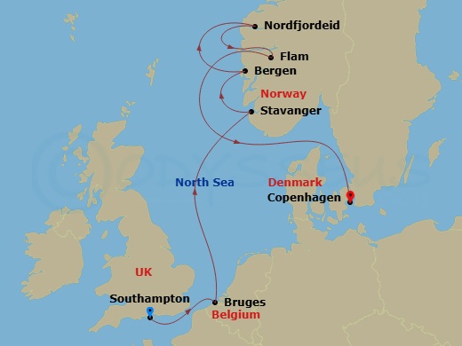 EXPLORA IV - 8 Night - A Journey Through Striking Shorelines & Fjordland Wonders - EXPLORA IV - Starting in Southampton, Bruges (Zeebrugge), Stavanger, Bergen, Nordfjordei.. itinerary map