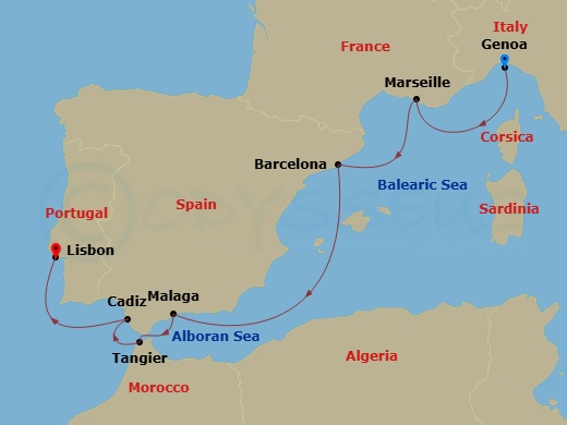 EXPLORA IV - 8 Night - A Journey of Cultural Gems & Golden Shores - EXPLORA IV - Starting in Genoa, Marseille, Barcelona, Malaga, Spain, Tangier, Cadiz, Lisbon itinerary map