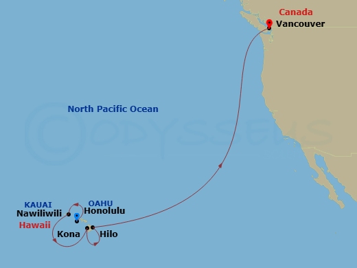 Silver Whisper - 11 Night - Honolulu to Vancouver - Silver Whisper - Starting in Honolulu, Oahu, Hawaii, Nawiliwili, Kauai, Hawaii, Kailua Kona, Hawaii, Hilo, Hawaii, Vancouver itinerary map