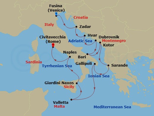 Silver Muse - 12 Night - Fusina to Civitavecchia - Silver Muse - Starting in Fusina (Venice), Zadar, Hvar, Dubrovnik, Croatia, Bari, Kotor, Sarande, Gallipoli, Valletta, Gi.. itinerary map