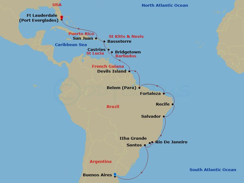 HAL Zaandam - 29 Night - Grand South America Voyage - HAL Zaandam - Starting in Buenos Aires, Argentina, Santos (Sao Paulo), Brazil, Abraao, Ilha Grande, Brazil, Rio De Jan.. itinerary map