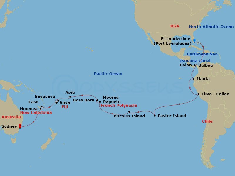HAL Volendam - 36 Night - Grand World Voyage - HAL Volendam - Starting in Fort Lauderdale, Florida, Enter Panama Canal Cristobal, Cruising Panama Canal, Exit Panama Canal Ba.. itinerary map