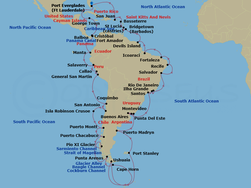 70 Night - Grand South America & Antarctica Voyage - Zaandam - Starting in Fort Lauderdale, Florida, Georgetown, Cayman Islands, Enter Panama Canal Cristobal, Cruising Panama Canal, Exit Panama Canal Balboa, Fuerte Amador, Panama, Manta, Ecuador, Salaverry (Trujillo), Peru, Callao (Lima), Peru, General San Martin (Pisco), Peru, Coquimbo (La Serena), Chile, San Antonio CL (Santiago), Chile, Isla Robinson Crusoe, Chile, Puerto Montt, Chile, Puerto Chacabuco, Chile, Cruising Chilean Fjords, Pio XI Glacier (Bruggen Glacier), Chile, Scenic cruising Sarmiento Channel, Strait of Magellan, Punta Arenas, Chile, Cockburn Channel, Beagle Channel, Scenic Cruising Glacier Alley, Scenic Cruising Cape Horn, Ushuaia, Argentina, Antarctic, Port Stanley, Falkland Islands, Puerto Madryn, Argentina, Punta Del Este, Uruguay, Montevideo, Uruguay, Buenos Aires, Argentina, Santos (Sao Paulo), Brazil, Abraao, Ilha Grande, Brazil, Rio De Janeiro, Brazil, Salvador da Bahia, Brazil, Recife, Brazil, Fortaleza, Brazil, Icoaraci (Belem), Brazil, Crossing the Equator, Devils Island, French Guiana, Bridgetown, Barbados, Castries, Saint Lucia, Basseterre, St Kitts and Nevis, San Juan, Puerto Rico, Fort Lauderdale, Florida itinerary map