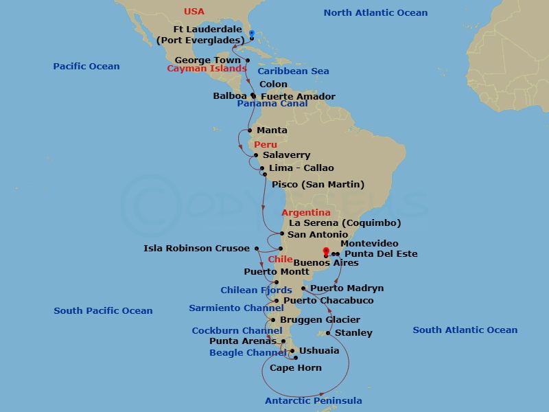 HAL Zaandam - 41 Night - Grand South America & Antarctica Voyage - HAL Zaandam - Starting in Fort Lauderdale, Florida, Georgetown, Cayman Islands, Enter Panama Canal Cristo.. itinerary map