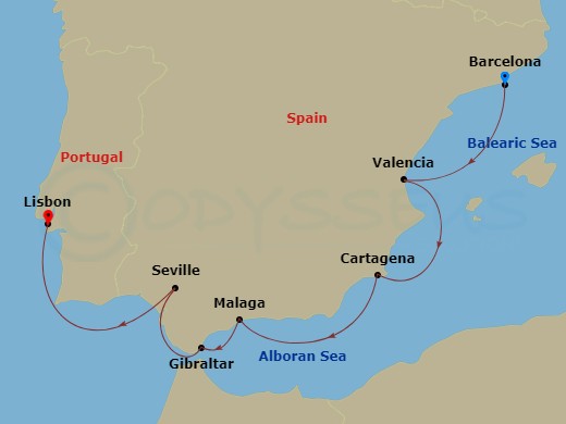 Azamara Onward - 10 Night - Spain Intensive Cruise : Valencia, Malaga & Seville - Azamara Onward - Starting in Barcelona, Valencia, Cartagena ES, Malaga, Gibraltar, Seville, L.. itinerary map