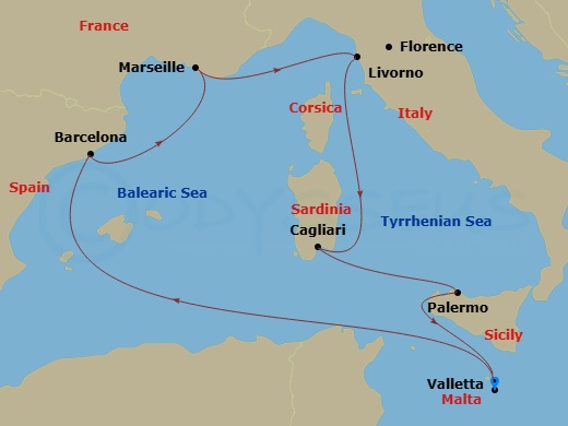 MSC Splendida - 7 Night - Mediterranean - MSC Splendida - Starting in La Valletta, Malta, Barcelona, Spain, Marseille (Provence), France, Livorno (Florence), Italy, Cagliari.. itinerary map