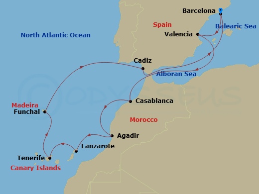 EXPLORA I - 11 Night - A Journey of Iberian Heart, Moroccan Adventure & Volcanic Isles - EXPLORA I - Starting in Barcelona, Valencia, Casablanca, Agadir, Arrecife (Lanzar.. itinerary map