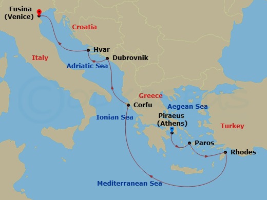 EXPLORA II - 7 Night - A Journey of Spectacular Shorelines & Archaeological Marvels - EXPLORA II - Starting in Piraeus (Athens), Paros, Rhodes, Corfu, Dubrovnik, Croatia,.. itinerary map