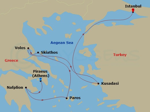 EXPLORA II - 7 Night - A Journey Through Mythical Isles & Captivating Shores - EXPLORA II - Starting in Piraeus (Athens), Nafplion, Paros, Skiathos, Volos, Kusadasi, Istan.. itinerary map
