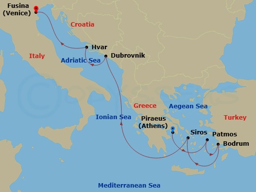 EXPLORA II - 7 Night - A Journey of Captivating Beauty & Beloved Isalnds - EXPLORA II - Starting in Piraeus (Athens), Patmos, Bodrum, Syros (Syra), Dubrovnik, Croatia, Hva.. itinerary map
