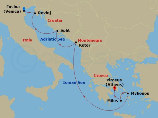 EXPLORA II - 7 Night - A Journey from Adriatic Allure to Sculptured Aegean Seascapes - EXPLORA II - Starting in Fusina (Venice), Rovinj, Split, Kotor, Mykonos, Milos, Pira.. itinerary map