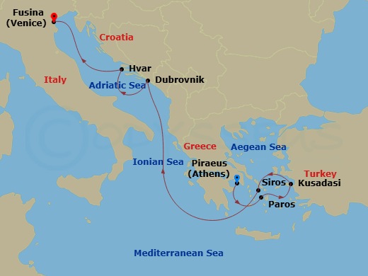 EXPLORA II - 7 Night - A Journey of Legendary Sights & Romantic Shores - EXPLORA II - Starting in Piraeus (Athens), Paros, Kusadasi, Syros (Syra), Dubrovnik, Croatia, Hvar.. itinerary map