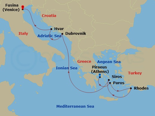 EXPLORA II - 7 Night - A Journey Through Golden Shorelines & Enchanting Scenery - EXPLORA II - Starting in Piraeus (Athens), Paros, Rhodes, Syros (Syra), Dubrovnik, Croati.. itinerary map
