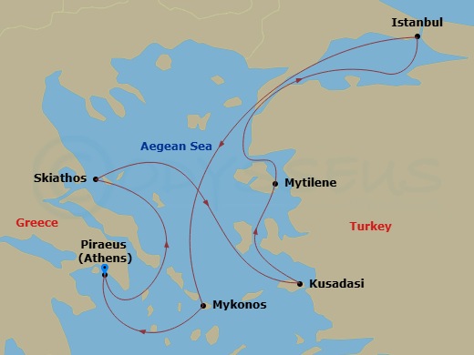 EXPLORA II - 7 Night - A Journey of Greek Treasures & Soulful Shores - EXPLORA II - Starting in Piraeus (Athens), Skiathos, Kusadasi, Mytilene (Lesbos), Istanbul, Mykonos,.. itinerary map