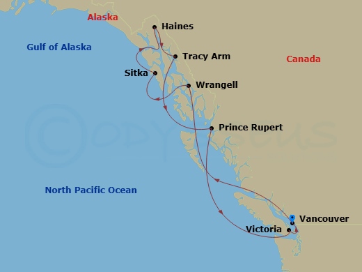 EXPLORA III - 9 Night - A Journey Through Majestic Shores & Wilderness Serenity - EXPLORA III - Starting in Vancouver, Wrangell, Sitka, Haines, Sailing the Tracy Arm Fjord,.. itinerary map