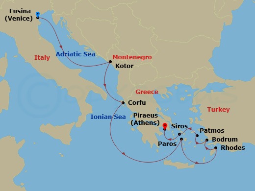 EXPLORA II - 10 Night - A Journey from the Wonders of the Adriatic to Aegean Legends - EXPLORA II - Starting in Fusina (Venice), Kotor, Corfu, Paros, Rhodes, Bodrum, Patmo.. itinerary map