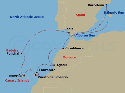 EXPLORA I - 11 Night - A Journey from Mediterranean Flair to Atlantic Splendour - EXPLORA I - Starting in Barcelona, Casablanca, Agadir, Arrecife (Lanzarote), Puerto Del.. itinerary map
