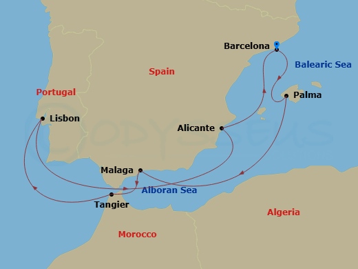 EXPLORA I - 9 Night - A Journey of Iberian Scenery & Moorish Charm - EXPLORA I - Starting in Barcelona, Palma De Mallorca, Malaga, Spain, Tangier, Lisbon, Alicante, Barce.. itinerary map