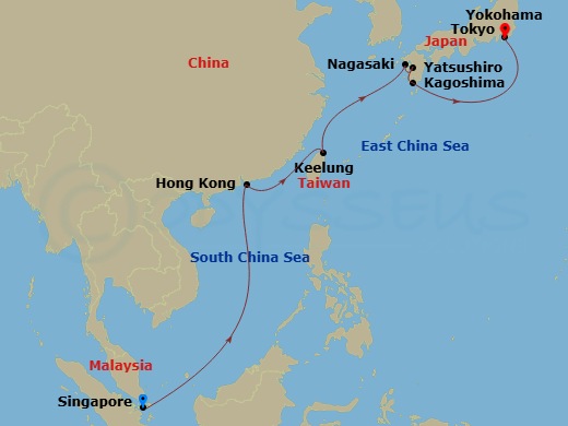 RCL Navigator of the Seas - 12 Night - Singapore to Tokyo Cruise - RCL Navigator of the Seas - Starting in Singapore, Hong Kong, China, Taipei (Keelung), Taiwan, China, Nagasaki, Japan,.. itinerary map