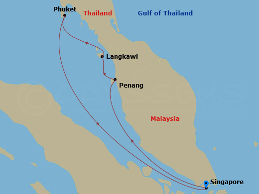 RCL Navigator of the Seas - 5 Night - Penang, Phuket & Langkawi - RCL Navigator of the Seas - Starting in Singapore, Penang, Malaysia, Langkawi, Malaysia, Phuket, Thailand, Singapore itinerary map