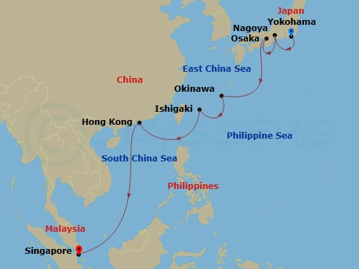 RCL Navigator of the Seas - 12 Night - Tokyo to Singapore Cruise - RCL Navigator of the Seas - Starting in Tokyo (Yokohama), Japan, Nagoya, Japan, Osaka, Japan, Okinawa, Japan, Ishigaki,.. itinerary map