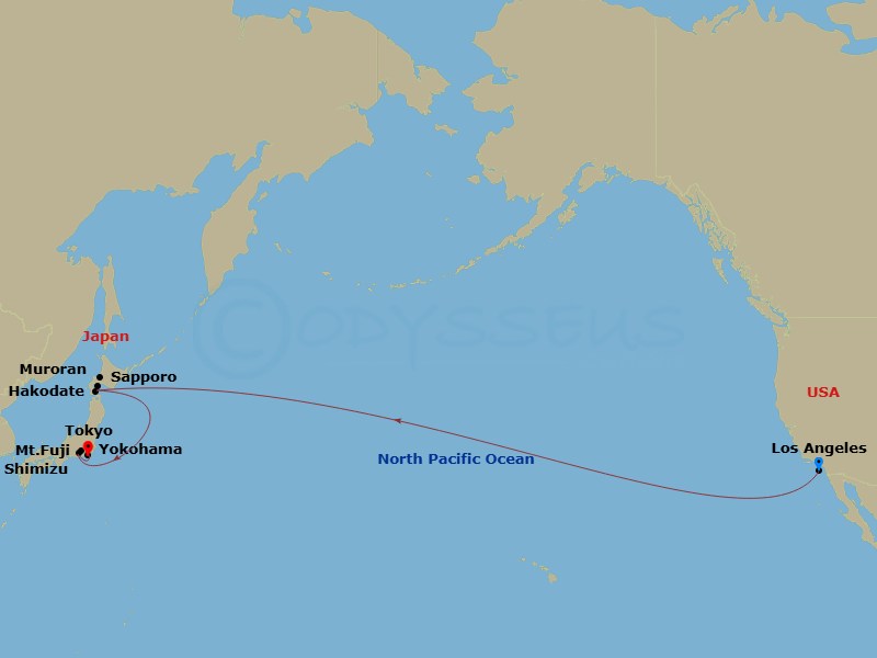 RCL Navigator of the Seas - 16 Night - Los Angeles to Tokyo Cruise - RCL Navigator of the Seas - Starting in Los Angeles, California, International Dateline, Hakodate, Japan, Sapporo (Mu.. itinerary map