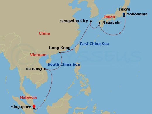 RCL Navigator of the Seas - 11 Night - Tokyo to Singapore Cruise - RCL Navigator of the Seas - Starting in Tokyo (Yokohama), Japan, Nagasaki, Japan, Jeju (Seogwipo), South Korea, Hong Ko.. itinerary map