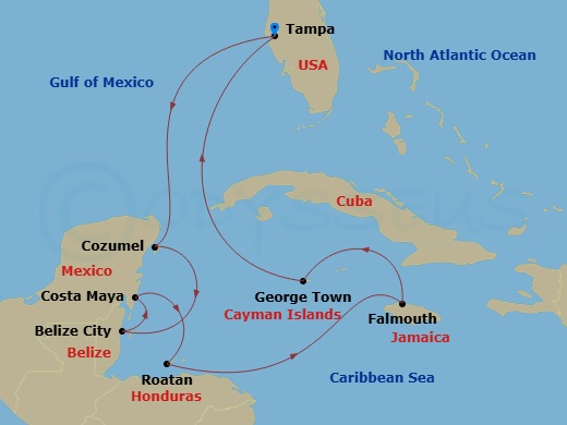 Celebrity Summit - 10 Night - Western Caribbean Cruise - Celebrity Summit - Starting in Tampa, Florida, Cozumel, Mexico, Belize City, Belize, Puerto Costa Maya, Mexico, Roatan,.. itinerary map