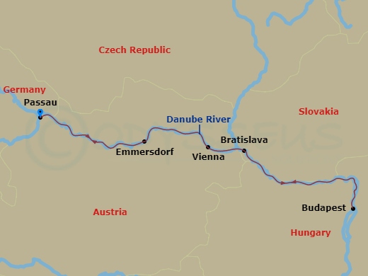 MS Amadeus Imperial - 6 Night - New Year's Eve Cruise On the Danube - MS Amadeus Imperial - Starting in Passau, Vienna, Budapest, Bratislava, Emmersdorf, Passau itinerary map