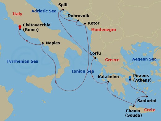 Enchanted Princess - 10 Night - Mediterranean with Greek Isles & Adriatic - Enchanted Princess - Starting in Athens (Piraeus), Greece, Santorini, Greece, Crete (Chania), Greece, K.. itinerary map
