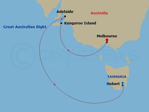 Silver Moon - 6 Night - Hobart to Melbourne - Silver Moon - Starting in Hobart, Tasmania, Adelaide, Kangaroo Island, Melbourne itinerary map