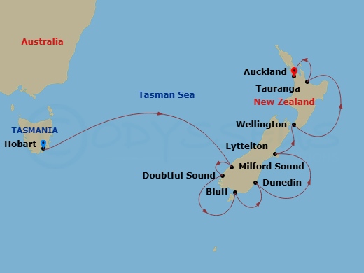 Silver Moon - 10 Night - Hobart to Auckland - Silver Moon - Starting in Hobart, Tasmania, Cruising Milford Sound, Cruising Doubtful Sound, Bluff, Dunedin (Port Chalmers), L.. itinerary map