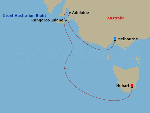 Silver Moon - 6 Night - Melbourne to Hobart - Silver Moon - Starting in Melbourne, Adelaide, Kangaroo Island, Hobart, Tasmania itinerary map