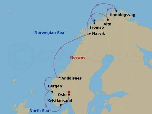 8 Night - The North Cape Line - South - MS Trollfjord - Starting in Tromso, Honningsvag, Alta, Narvik, Andalsnes, Bergen, Kristiansand, Oslo itinerary map