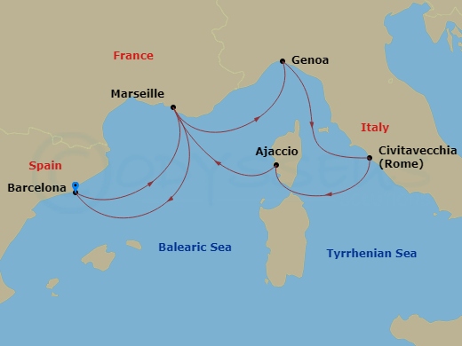 MSC Seaview - 6 Night - Bcn - MSC Seaview - Starting in Barcelona, Spain, Marseille (Provence), France, Genoa (Portofino), Italy, Civitavecchia (Rome), Italy, Ajaccio (Cors.. itinerary map