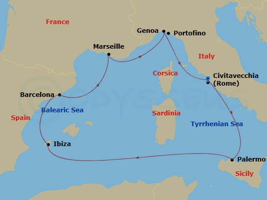 MSC Seaview - 7 Night - Mediterranean - MSC Seaview - Starting in Civitavecchia (Rome), Italy, Palermo (Monreale), Italy, Ibiza (Balearic Islands), Spain, Barcelona, Spain,.. itinerary map