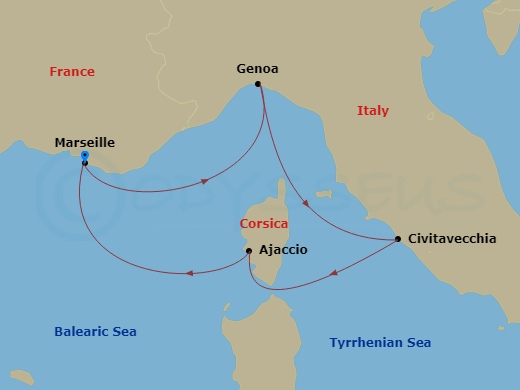 MSC Seaview - 4 Night - Mediterranean - MSC Seaview - Starting in Marseille (Provence), France, Genoa (Portofino), Italy, Civitavecchia (Rome), Italy, Ajaccio (Corsica), Fr.. itinerary map