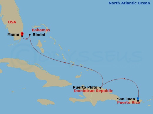Valiant Lady - 5 Night - San Juan to Miami : Dominican Daze - Valiant Lady - Starting in San Juan, Puerto Rico, Puerto Plata, Dominican Republic, The Beach Club at Bimini, B.. itinerary map