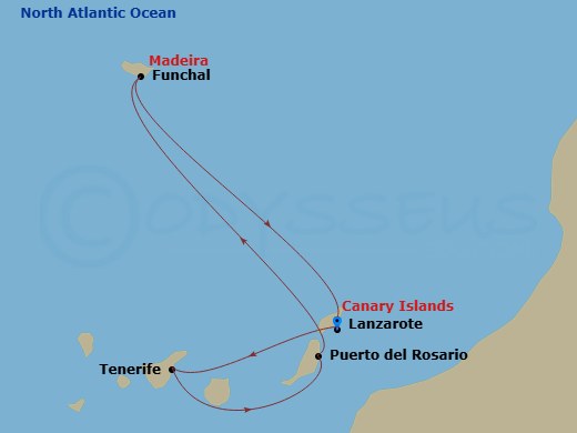 5 Night - Canary Islands and Madeira - MSC Fantasia - Starting in Arrecife De Lanzarote (Canary Islands), Spain, Santa Cruz de Tenerife, Puerto Del Rosario / Fuerteventura, Spain, Funchal (Madeira Islands), Portugal, Arrecife De Lanzarote (Canary Islands), Spain itinerary map