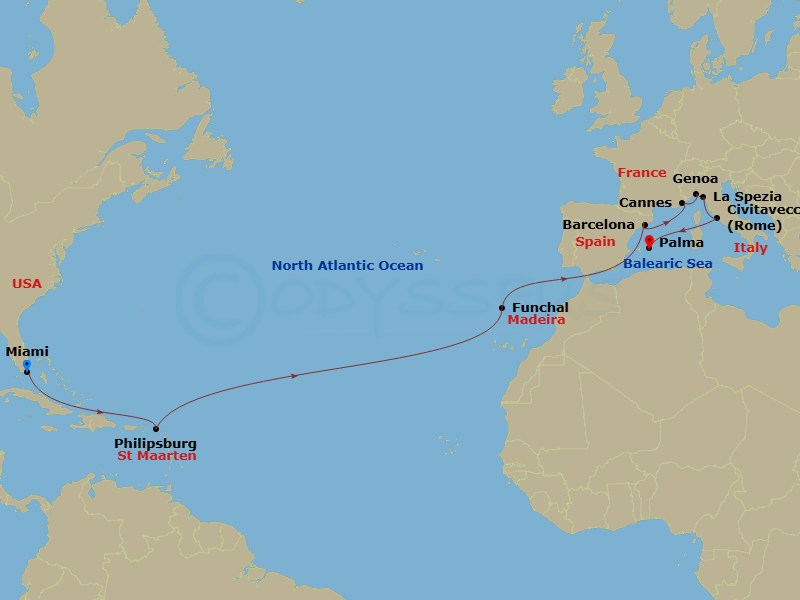 MSC Grandiosa - 19 Night - Msc Grand Voyages - MSC Grandiosa - Starting in Miami, Florida, Philipsburg, St Maarten, Funchal (Madeira Islands), Portugal, Barcelona, Spain, Can.. itinerary map