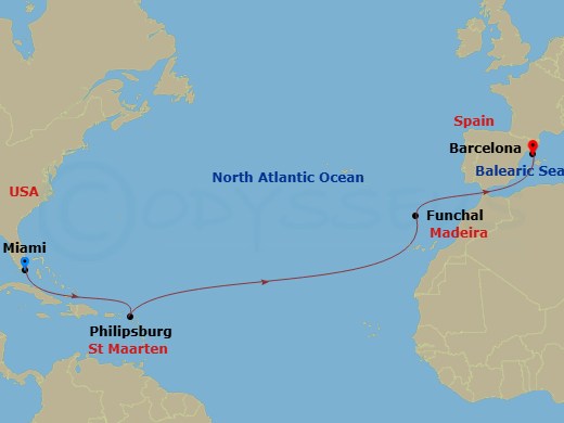 MSC Grandiosa - 13 Night - Msc Grand Voyages - MSC Grandiosa - Starting in Miami, Florida, Philipsburg, St Maarten, Funchal (Madeira Islands), Portugal, Barcelona, Spain itinerary map