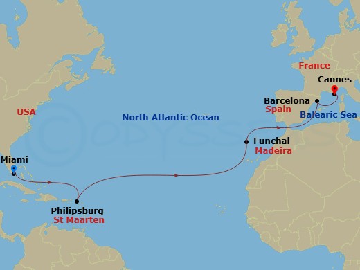 MSC Grandiosa - 14 Night - Msc Grand Voyages - MSC Grandiosa - Starting in Miami, Florida, Philipsburg, St Maarten, Funchal (Madeira Islands), Portugal, Barcelona, Spain, Can.. itinerary map