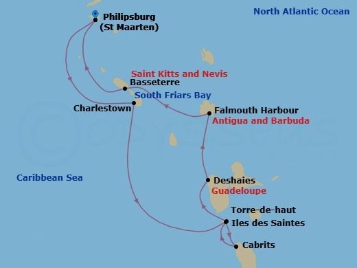 7 Night - Leeward Islands - Star Flyer - Starting in Philipsburg, St Maarten, Charlestown, Nevis, Sail with Royal Clipper South of Iles Des Saintes, Cabrits, Dominica, Terre-De-Haut, Iles Des Saintes, Deshaies, Guadeloupe, Falmouth Harbour, Antigua, Basseterre, St Kitts (Morning), South Friars Bay, St Kitts, Philipsburg, St Maarten itinerary map
