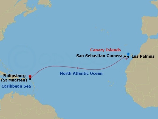 15 Night - Westbound Atlantic Ocean Crossing - Star Flyer - Starting in Las Palmas, Gran Canaria / Canary Islands, Spain, San Sebastian / La Gomera, Spain, Philipsburg, St Maarten itinerary map